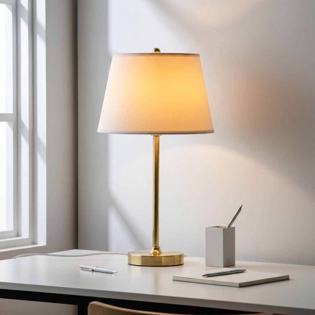 Designer table lamp with a brass arc arm